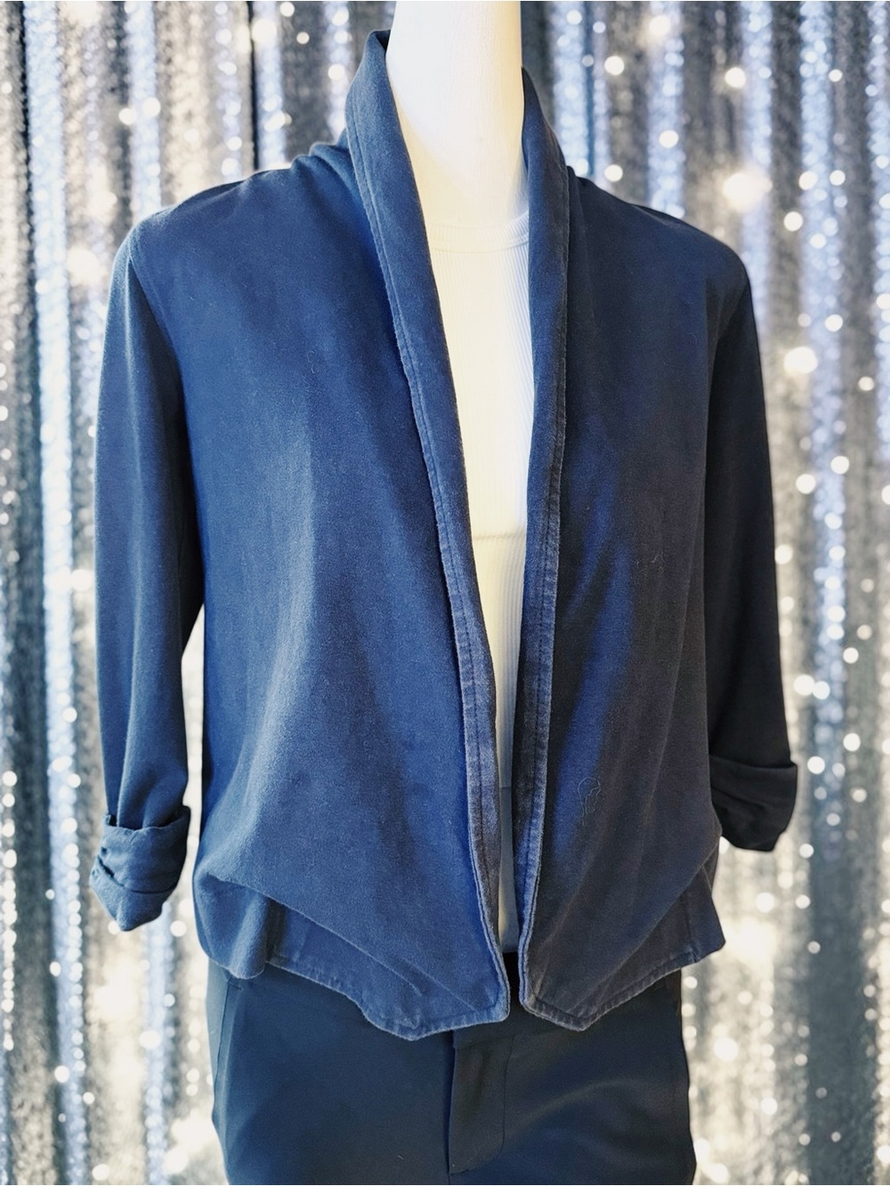 Theory Navy Open Front Shawl Collar Cardigan Jacket EUC Petite P